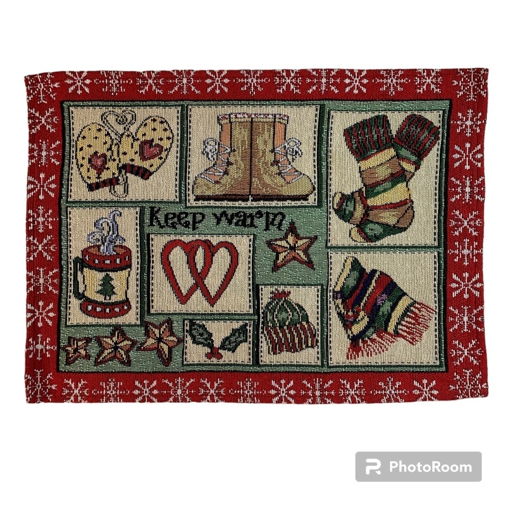 Woven Tapestry Christmas Placemats Set 4 Red Holiday Stockings Ice Skates Cocoa